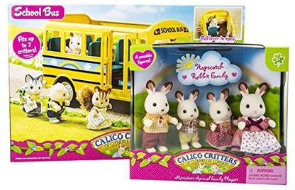 Calico Critters Of Cloverleaf Corners Bundle - Hopscotch Rabbit Family Set With School Bus Set - Build Skills With Imaginative Play