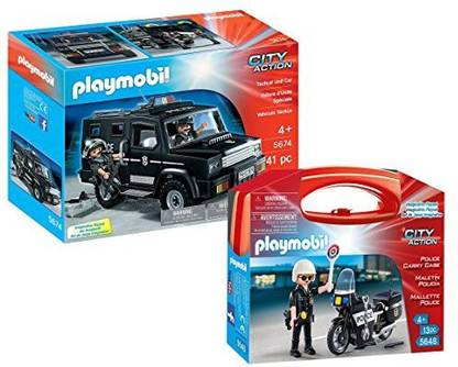 Maven Gifts Playmobil City Action Playset Bundle With Police Tactical Unit Car And Police Motorcycle