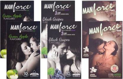 MANFORCE EXTRA DOTTED, PREMIUM, COLOURED GREEN APPLE,BLACK GRAPE AND JASMINE PACK OF 6 (60'S) Condom