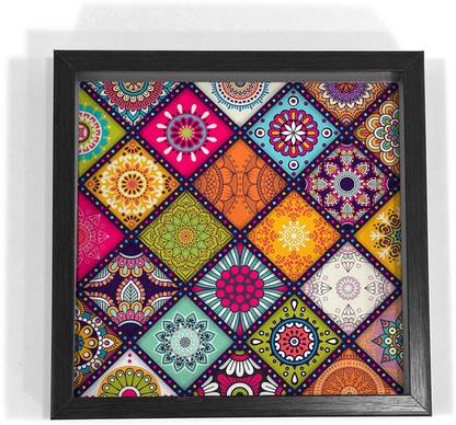 Shrih Multi Mandala Design Black Border 9x9 Tray - Kitchen, Dining, Serving & Desk Tray Tray
