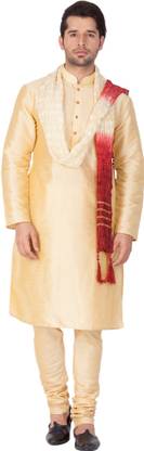 VM VM Men's Gold Silk Blend Kurta, Pyjama & Dupatta Set Solid Sherwani