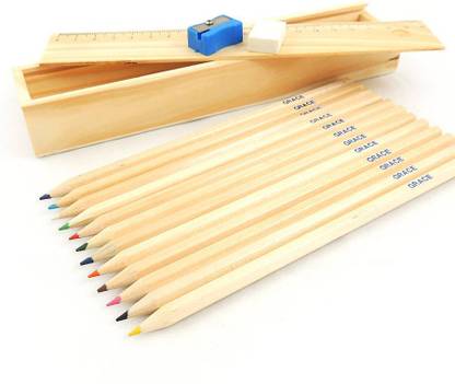 MINE SAPARA WOODEN COLOR PENCIL AND SCALE SET 0F 12 PENCILS COLOR AND SCALE Pencil