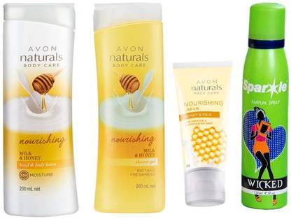 Avon Anew Naturals Milk & Honey Hand & Body Lotion (200 ml) & one Milk & Honey Shower Gel (200 ml) & one NATURALS NURISHING HONEY & MILK CREAM (50 g) With one sparkle perfume spray 150 ml