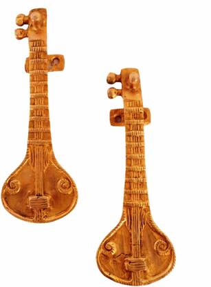 Purpledip Pure Brass Door Handles for Main Door: Indian Musical Instrument Sitar Design Brass Door Handle