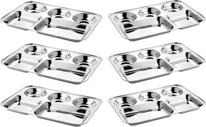 LIMETRO STEEL Stainless Steel Rectangular Bhojan / Lunch / Dinner Set Sectioned Plate