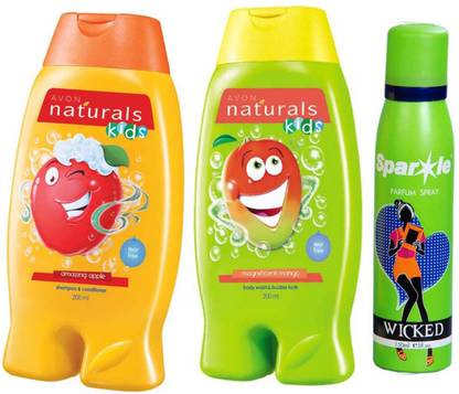 Avon Anew Naturals Kids Amazing Apple Shampoo & Conditioner (200 ml) & one Naturals Kids Magnificent Mango Body Wash (200 ml) With one sparkle perfume spray 150 ml