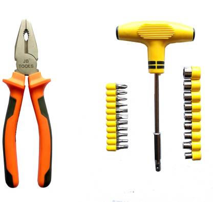 Imported 24 pcs interchangeable socket set with t-handle and cutting plier 8 inch/200 mm pack of 2 Hand Tool Kit