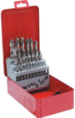 ISC DRILL BIT SET MADE OF HIGH SPEED STEEL FOR PRECISE DRILLING IN IRON, STEEL, HARD PLASTICS ETC. STORED IN A RUGGED METAL BOX FOR TOOL PROTECTION.