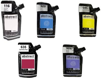 SENNELIER Abstract Innovative Acrylic Artist Paint Pouch 120 ml, Pastel assorted 5 colors Contains 120 ml pouches of Titanium white, Azure blue, Cadmium yellow lemon hue, Carmine red & Light violet