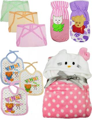 BRANDONN Daily Use pack having 1 baby wrapper, 2 feeding bottle covers, 3 nappies 3 Baby Bibs  (Multicolor)