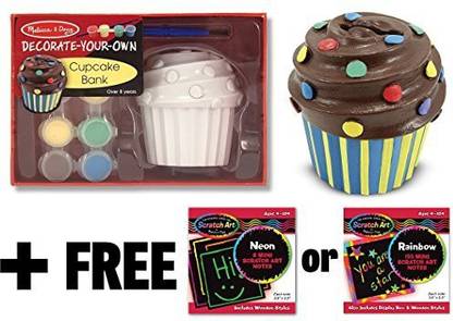 MELISSA & DOUG Cupcake Coin Bank Decorate-Your-Own Kit + Free Scratch Art Mini-Pad Bundle [47692]