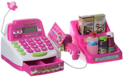 IndusBay Supermarket Cash Register Play Set - Cashier Center toy with Shopping Bucket, Scanner, Calculator,Coins Cards, Groceries Pink