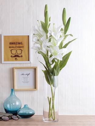 FOURWALLS Artificial decorative Lily Flower Sticks (3 flowers, 90 cm Tall, White, Set of 2) White Lily Artificial Flower