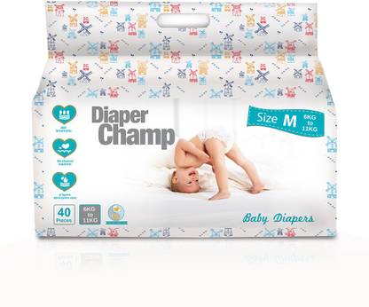 Diaper Champ Medium Size (6 To 11 Kg) Chlorine, Parabens & Latex Free Ultra Soft Baby Diapers (40 Count) - M - M
