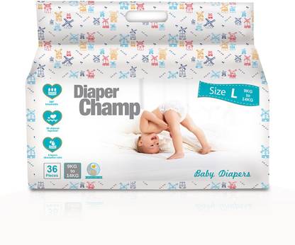 Diaper Champ Large Size (9 To 14 Kg) Chlorine, Parabens & Latex Free Ultra Soft Baby Diapers (36 Count) - L - L