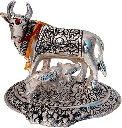 AMV Deals Kamdhenu / kamadhenu / kamdehnu / kaamdhenu cow and calf / gau mata indian desi metal / aluminium Idol / murti for home / mandir / office / shop decor Decorative Showpiece  -  15 cm