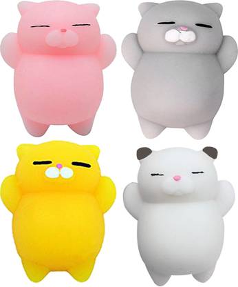 AJI 4Pcs Kawaii Slow Rising Squishy Squeezen Cute Cats Mini Fidget Toy Stress Reliever Kids Toy Gift (White,Pink,Yellow and Grey) Bath Toy