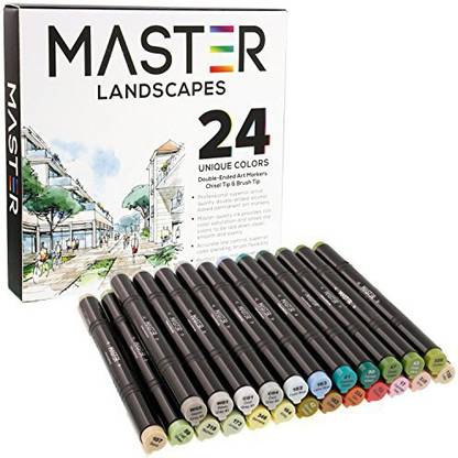 Mastermarkers 24 Color Master Markers Landscape Tones Dual Tip Set - Double-Ended Art Markers With Chisel Point And Standard Brush Tip - Soft