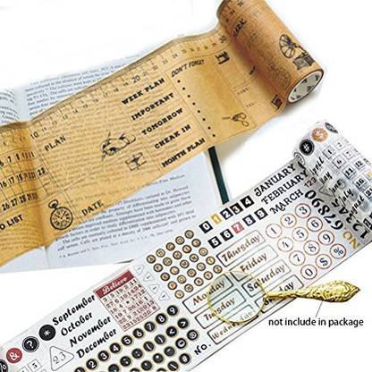 lovielf Vintage Bujo Bullet Journal Number Week Ruler Date Month Planner Kraft Washi Tape - Set Of 2 Rolls - Decorative Diy Japanese Mas