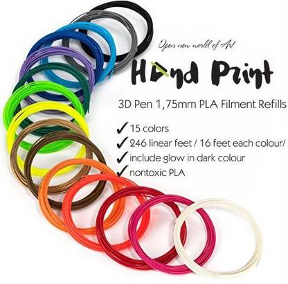 Hand Print 3D Pen 1.75Mm Pla Filament Refills - 3D Printing Plastic Pack Of 15 Different Colors (2 Glow In The Dark) - Length: 1