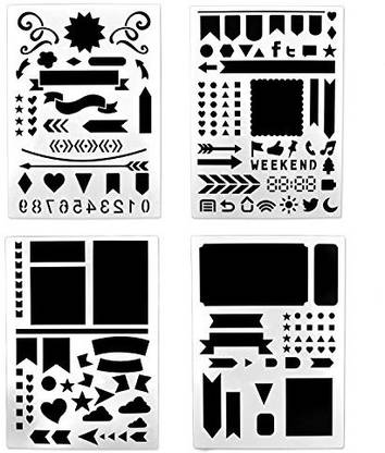 BronaGrand Set Of 4 Bullet Journal Stencil(Banners, Dividers, & Icons Fits Leuchtturm & Moleskine A5 Notebooks)For Journaling, S