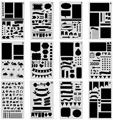 Generic COCODE 12 Pcs Bullet Journal Stencil Set Plastic Planner Stencils for Journaling, Scrapbooking, Notebook, Diary, Card and Art DIY Projects Drawing Painting Template Stencil 4x7 Inch