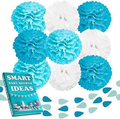 Beleheim Baby Shower Decorations Boy Tiffany Blue Turquoise White Set 9 Pcs Large 12" Tissue Paper Pom Poms And 3 Pcs 6 Ft Garla