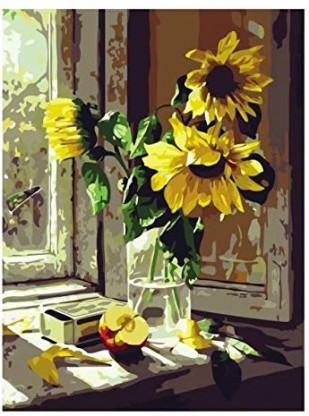 YEESAM ART DIY Paint by Numbers for Adults Beginner Kids Splendid Sunflowers Flowers & Vase 16x20 inch Linen Canvas Acrylic Stress Less Number Painting Gifts Sunflowers, Without Frame