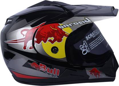 AutoVHPR O2 Red Bull Black with Silver Dashing Stylish Trending and Graphics ISI Certified Full Face Motocross Helmet Motorbike Helmet