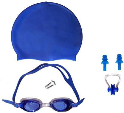 Quinergys ™ Dense Blue - 4 in 1 Combo Swimming Kit for goggle Cap Nose Plug and Ear Clip Swimming Kit