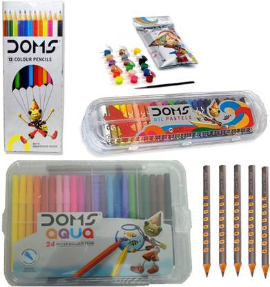DOMS AQUA SKETCH PEN (24 SHADES)+ TEMPERA COLOURS (18 SHADES ) + OIL PASTEL (25 SHADES) + GROOVE SLIM TRIANGLE PENCIL + 12 COLOUR PENCIL