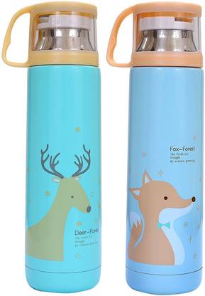 Husker® stainless steel Hot and Cold Thermos vacuum flasks For tea/Milk/Juice and water Blue-Deer&Blue-Fox 2 Pcs 500 ml Flask