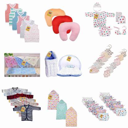 Fareto New Born Baby Combo Pack Of 9 Daily Needs Items In A Single Packet/6 Vest/3 Pillows/1 Baby Suit/4 Sheets/1 Mosquito Net/1 Sleeping Bag/6 Pair Of Socks & Mittens/6 Shirts/3 Blankets/12 Nappies(0-6 Months)