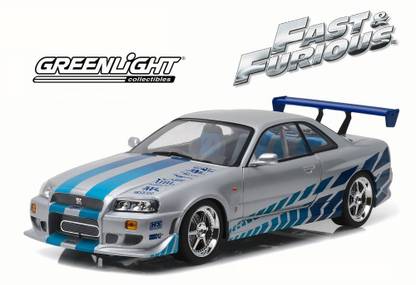 Greenlight 2 Fast Furious 1999 Nissan Skyline GT-R (R34), Silver with Blue Stripes - 19029 1/18 Scale