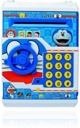 HYTECH Doraemon Piggy Bank With Changeable Secret Code Lock, Electronic Sound, Flashing Lights & Alert Sound- Automatic Pull In Paper Notes Like ATM Coin Bank