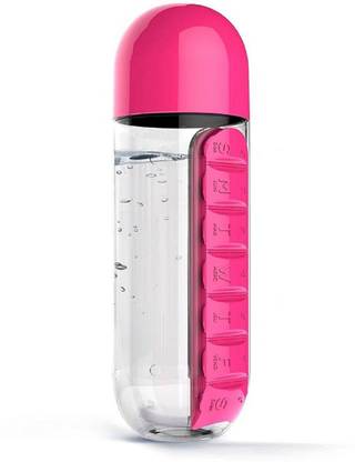 Medicine Pill & Vitamin Organizer Water Bottle with 7 days holders - 600ml - Pink 1 ml Plastic Bottle
