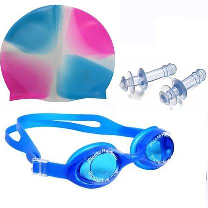 अस एंटरप्राइज MS 0026 High Quality Combo of Silicone material Swimming Cap, Goggles and Ear Plug for Men, Women & Kids स्विमिंग किट
