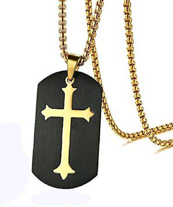 Asma Jewel House Cross Pendant Black Dog Tag Shape Gold Color 24" Box Chain Christ Prayer Necklace for Men/Boys Stainless Steel Pendant
