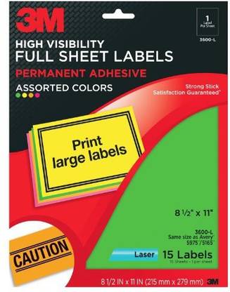 3M High Visibility Full Sheet Labels For Laser Printers, Assorted Neon, 8 1/2 X 11 Inches, 15 Sheets Per Pack (3600-L)