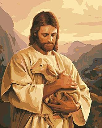 CaptainCrafts New Paint by Numbers 16X20 " , Kids Linen Canvas - Jesus Embrace Small Shepherd (With Frame)