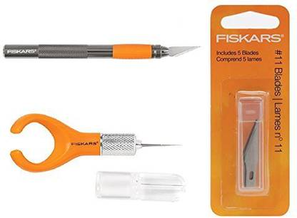 Fiskars Heavy Duty Die Cast Craft Knife With Fingertip Craft Knife And No. 11 Replacement Blades, 5 Pack