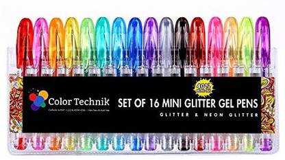 Color Technik Glitter Gel Pens By , Set Of 16 Mini Glitter And Neon Glitter Pens, Best Assorted Colors, No Duplicates, 40% More I