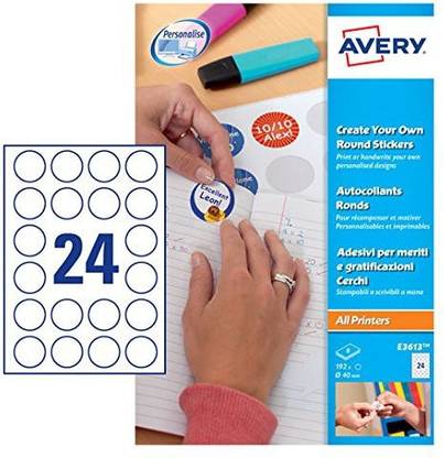 avery E3613 Self-Adhesive Round Labels, 24 Labels Per A4 Sheet