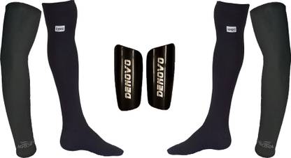 DENOVO Ultimate Protection (One Pair Large Shin Guard + One Pair Lycra Plain Knee Length Football Socks + One Pair UV Protection Arm Sleeves) Football Kit