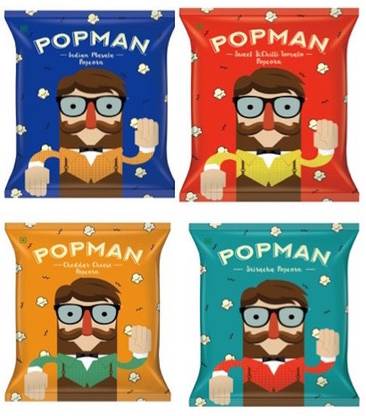 popman Pre-Popped Popcorn Pack of 4 Indian Masala, Sriracha, Sweet & Chilli Tomato, Cheddar Cheese Popcorn