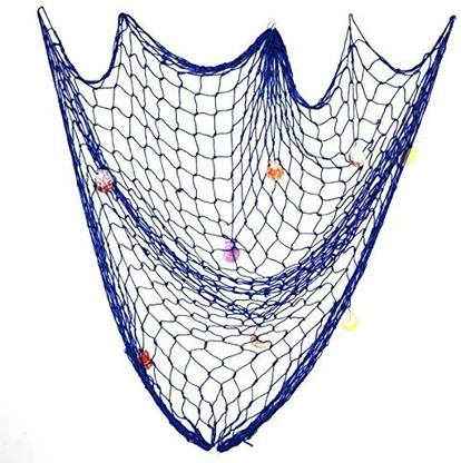 Yakamoz Mediterranean Style Wall Hanging Decorative Fish Net With 9 Sea Shells, 79 X 59 Inch, Blue