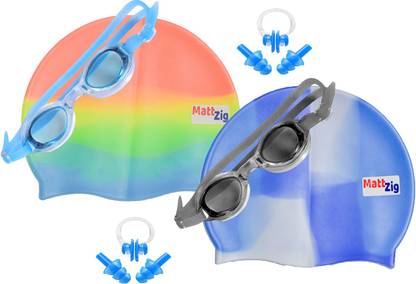 MATTZIG Zigsy (Two Swimming Caps + Two Swimming Goggles + Two Nose Clips + Two Pairs of Ear Plugs) Swimming Kit