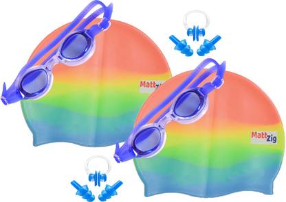 MATTZIG Zigsy (Two Swimming Caps + Two Swimming Goggles + Two Nose Clips + Two Pairs of Ear Plugs) Swimming Kit