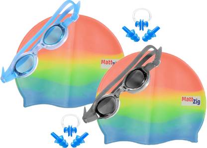 MATTZIG Zigsy (Two Swimming Caps + Two Swimming Goggles + Two Nose Clips + Two Pairs of Ear Plugs) Swimming Kit