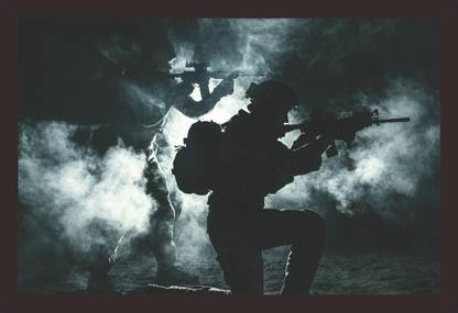 Mad Masters Mad Masters Pair of army soldiers attacking in the smoke. Backlit silhouette, toned image. Army storm concept 1 Piece wooden framed painting |Wall Art | Home Décor | Painting Art | Unique Design | Attractive Frames Digital Reprint 12 inch x 18 inch Painting